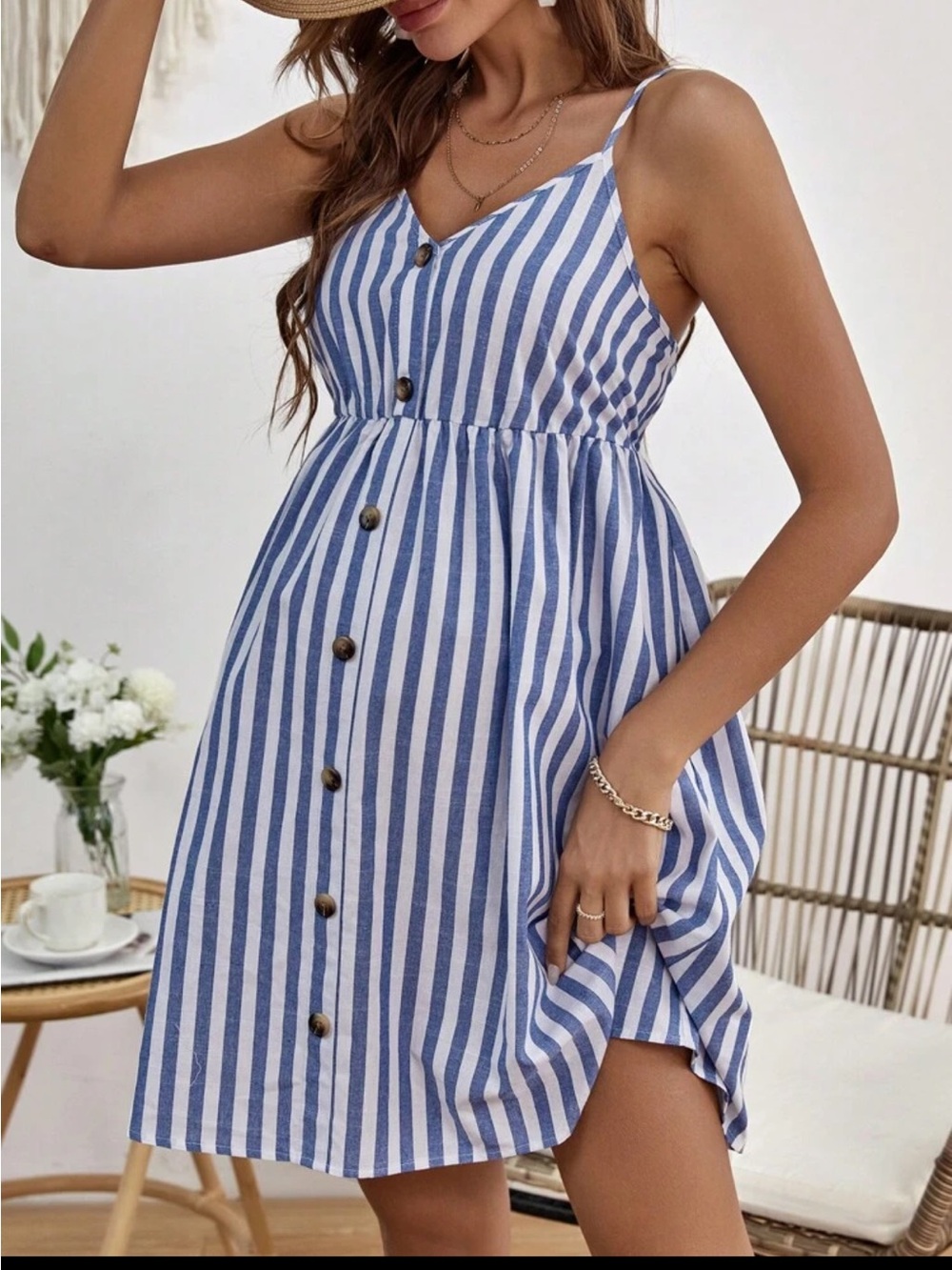 SHEIN Blue & White Striped Button-Front Mini Dress